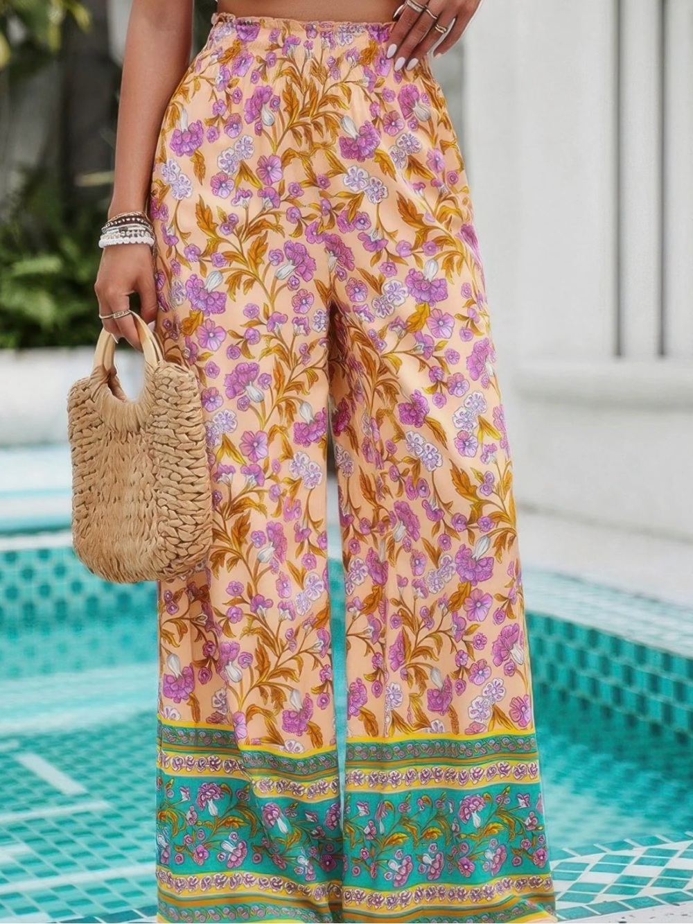 NEW! Cupshe Orange Floral Smocked Waist Pants Size S